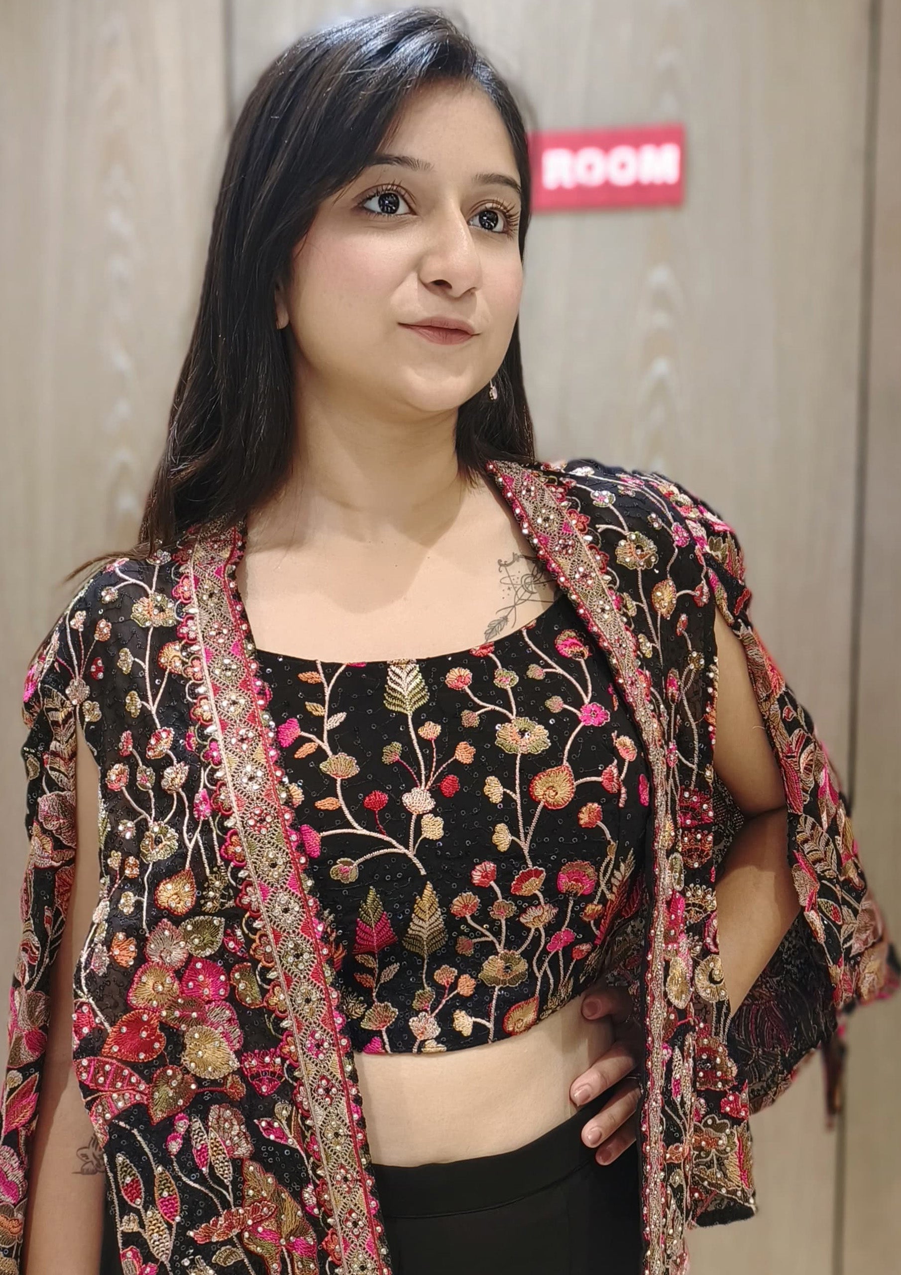 Black Color Georgette Machine Embroidered Plazzo With Jacket
